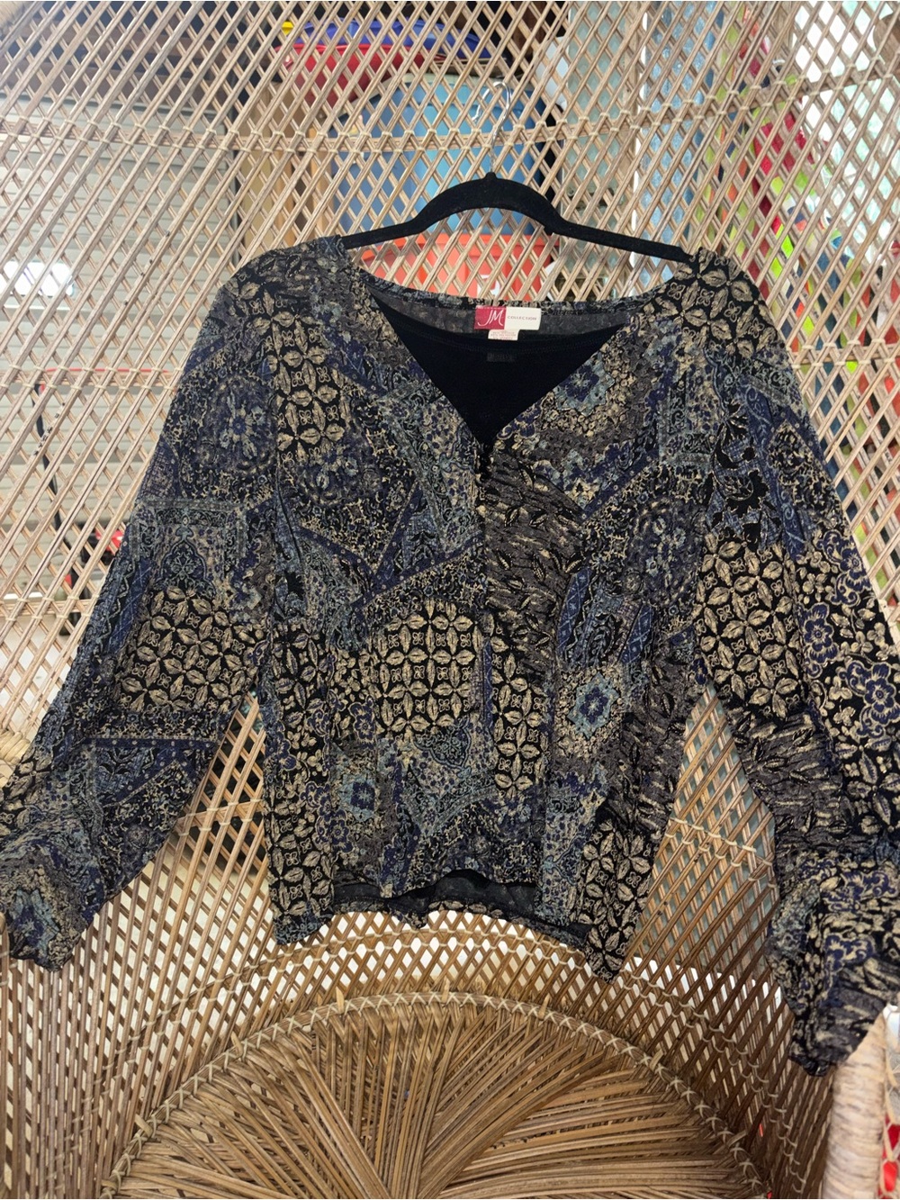 JM Collection Navy and Black Patterned V-Neck Blouse
